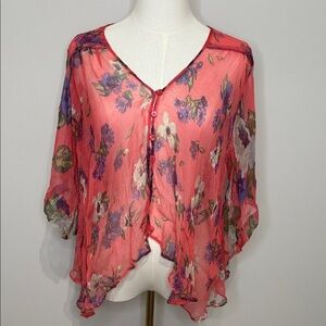Free People Women’s Size SP Vibrant Floral Sheer Blouse V-neck 100% Viscose